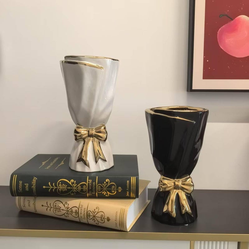 WLGRANJIA Black and Gold Bow Ceramic Vase - Flower Vases for Home Decor, Bow Decor, Boho Style, 9.65 Inch Flower Vases for Bouquet, Large Vase for Ideal Shelf Decor/Table (Black and Gold, Large) - Image 5